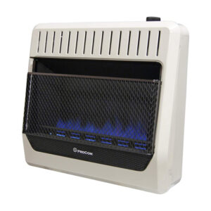 最好的非电动加热器选项：Procom Vtilless双燃料墙蓝色火焰加热器