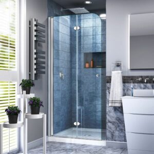 最佳无框淋浴门选项：梦幻系列Aqua折叠淋浴门，33.5英寸宽x 72英寸高