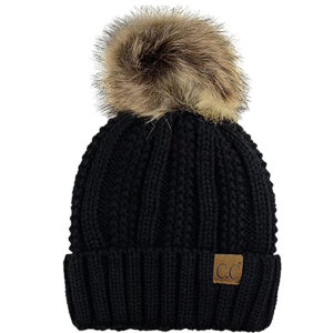 最佳冬季帽子选择:C.C厚电缆针织人造绒毛毛皮球绒布